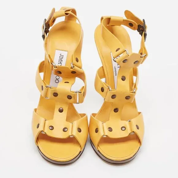 Jimmy Choo Yellow Leather Studded T-Bar Ankle Strap Sandals Size 37.5 - Picture 3 of 7